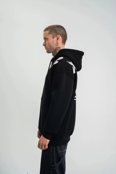 Unisex Uzun Kol Bisiklet Yaka Yıkamalı SweatShirt - Siyah - Resim 5