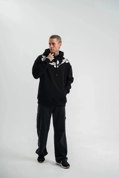 Unisex Uzun Kol Bisiklet Yaka Yıkamalı SweatShirt - Siyah - Resim 3