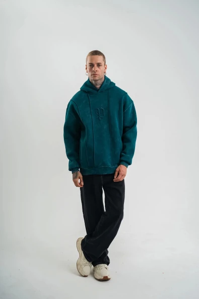 Unisex Uzun Kol Kapşonlu Yıkamalı Nakışlı SweatShirt - Koyu Deniz Yeşili ürün görseli 1