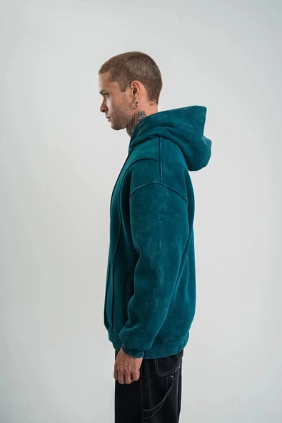 Unisex Uzun Kol Kapşonlu Yıkamalı Nakışlı SweatShirt - Koyu Deniz Yeşili - Resim 7
