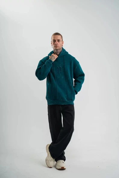 Unisex Uzun Kol Kapşonlu Yıkamalı Nakışlı SweatShirt - Koyu Deniz Yeşili - Resim 5