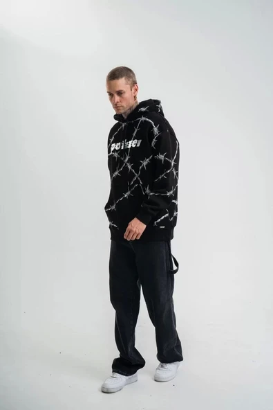 Unisex Kapşonlu Varak ve Pano Baskılı SweatShirt- Siyah - Resim 6