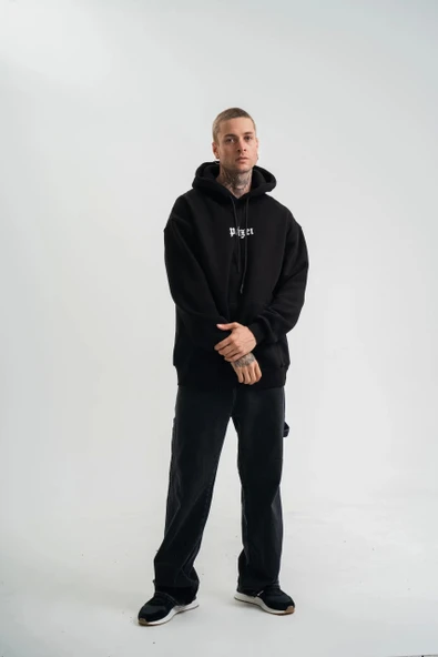 Kapşonlu Double Oversize Dijital Patchli SweatShirt - Siyah - Resim 6