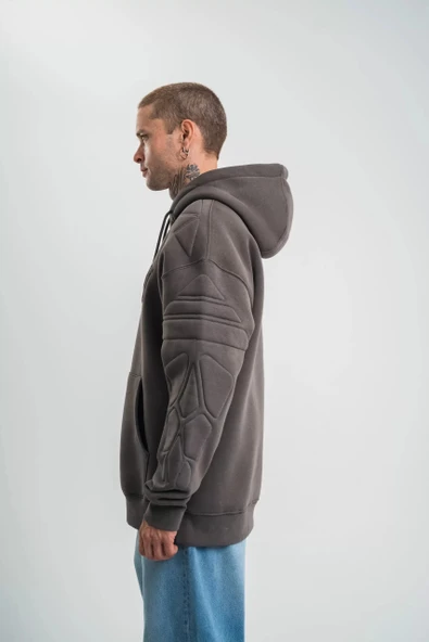 Double Oversize Kapşonlu Nakışlı SweatShirt - Füme - Resim 7