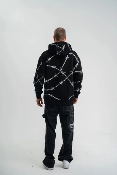 Unisex Kapşonlu Varak ve Pano Baskılı SweatShirt- Siyah - Resim 7