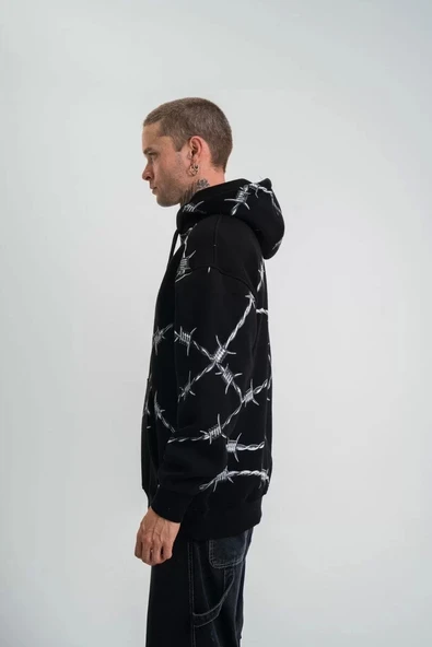 Unisex Kapşonlu Varak ve Pano Baskılı SweatShirt- Siyah - Resim 3