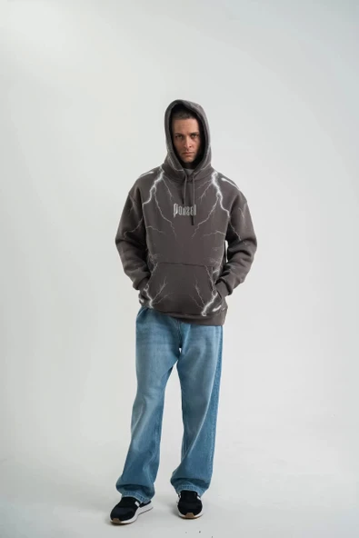 Double Oversize Kapşonlu Şimşek Pano Baskılı SweatShirt - Füme - Resim 3
