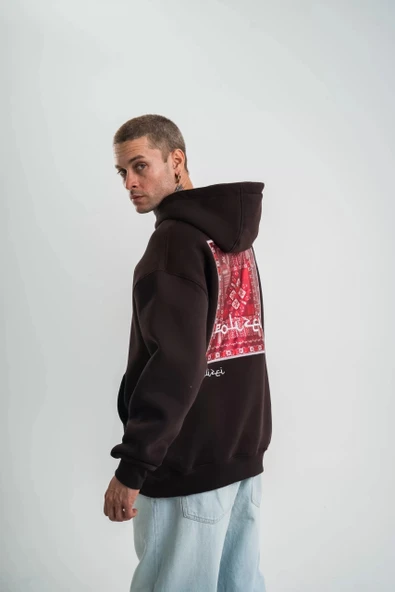 Double Oversize Kapşonlu Dijital Patchli SweatShirt - Kahve - Resim 5