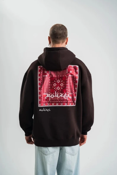 Double Oversize Kapşonlu Dijital Patchli SweatShirt - Kahve - Resim 8