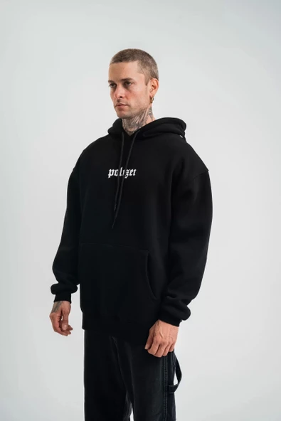 Kapşonlu Double Oversize Dijital Patchli SweatShirt - Siyah - Resim 7