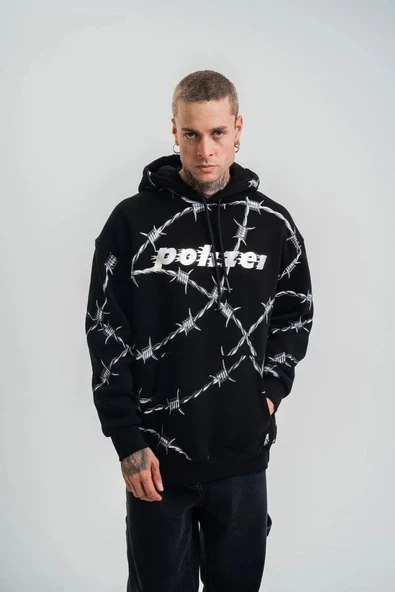 Unisex Kapşonlu Varak ve Pano Baskılı SweatShirt- Siyah ürün görseli