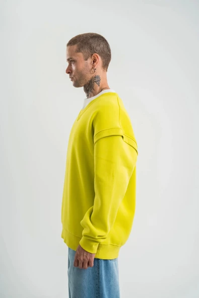 Geniş V yaka Kol Ribana Detaylı SweatShirt - Sarı - Resim 7
