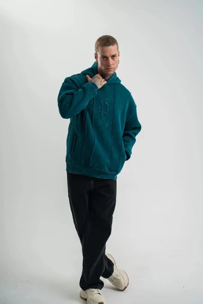 Unisex Uzun Kol Kapşonlu Yıkamalı Nakışlı SweatShirt - Koyu Deniz Yeşili - Resim 6