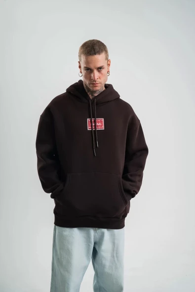 Double Oversize Kapşonlu Dijital Patchli SweatShirt - Kahve - Resim 7