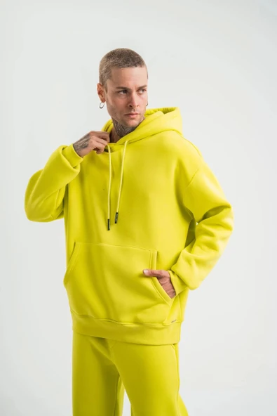 Unisex Double Oversize Kapşonlu Basic SweatShirt - Sarı - Resim 5