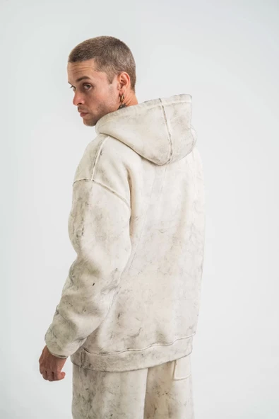 Unisex Double Oversize Kapşonlu Yıkamalı SweatShirt - Krem - Resim 4