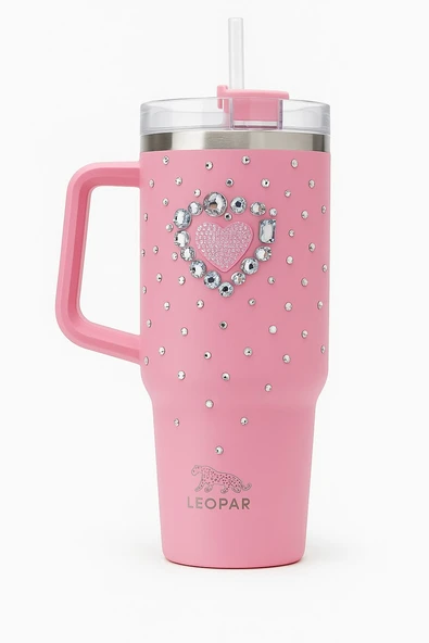 Pipetli 1,2 litre Kulplu Çelik Termos Renkli Üzeri Taş İşlemeli - 3