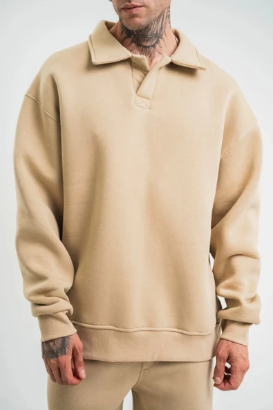 Unisex Double Oversize Patlı Yaka SweatShirt - Bej - Resim 6
