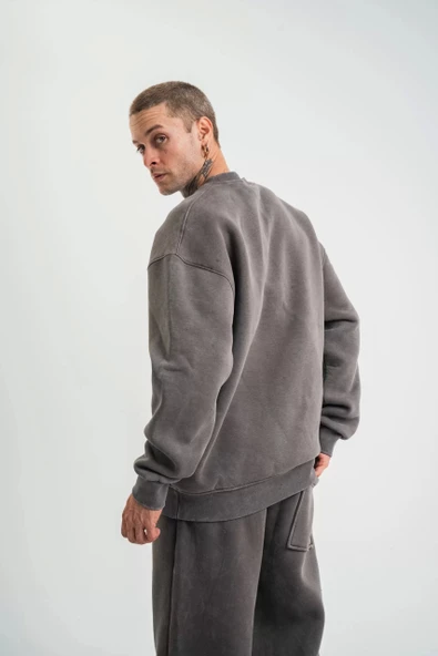 Unisex Uzun Kol Bisiklet Yaka Yıkamalı SweatShirt - Füme - Resim 4