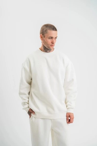 Uzun Kol Bisiklet Yaka Basic SweatShirt - Beyaz - Resim 8