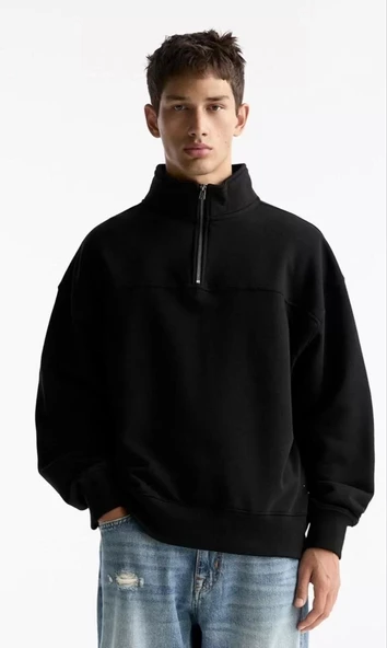 Oversize Yarım Farmuarlı Yakalı Basic SweatShirt - Siyah - Resim 6