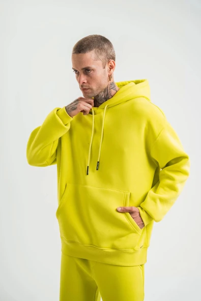 Unisex Double Oversize Kapşonlu Basic SweatShirt - Sarı - Resim 3