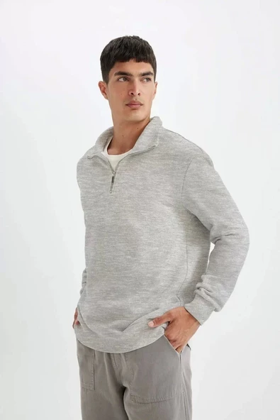 Unisex Uzun Kol Yarım Farmuarlı Yakalı Basic SweatShirt - Gri ürün görseli 1