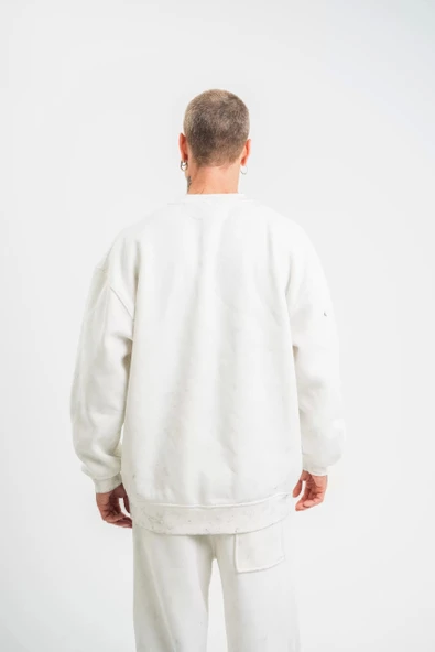 Unisex Uzun Kol Bisiklet Yaka Yıkamalı SweatShirt - Beyaz - Resim 8