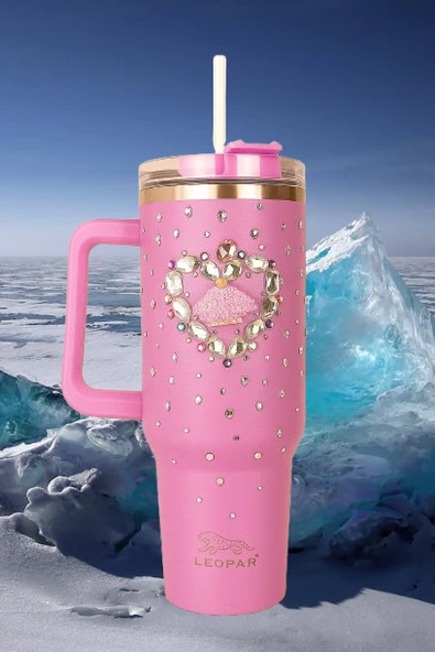 Pipetli 1,2 litre Kulplu Çelik Termos Renkli Üzeri Taş İşlemeli - 7