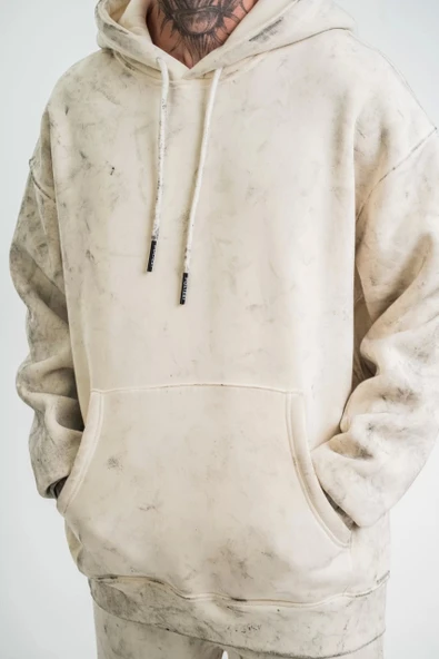 Unisex Double Oversize Kapşonlu Yıkamalı SweatShirt - Krem - Resim 8