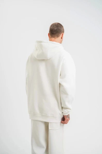 Unisex Double Oversize Kapşonlu Basic SweatShirt - Beyaz - Resim 3