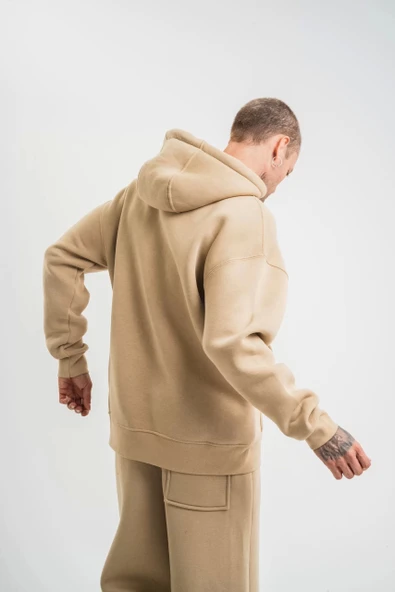 Unisex Double Oversize Kapşonlu Basic SweatShirt - Bej - Resim 6