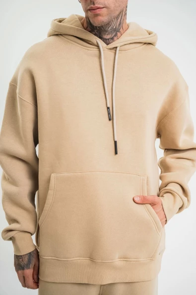 Unisex Double Oversize Kapşonlu Basic SweatShirt - Bej ürün görseli 1