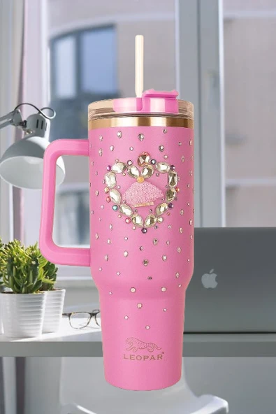 Pipetli 1,2 litre Kulplu Çelik Termos Renkli Üzeri Taş İşlemeli - 8