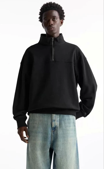 Oversize Yarım Farmuarlı Yakalı Basic SweatShirt - Siyah - Resim 5