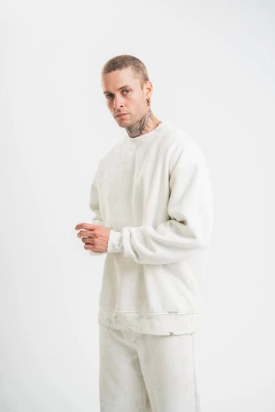 Unisex Uzun Kol Bisiklet Yaka Yıkamalı SweatShirt - Beyaz - Resim 5