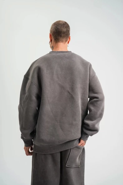 Unisex Uzun Kol Bisiklet Yaka Yıkamalı SweatShirt - Füme - Resim 5