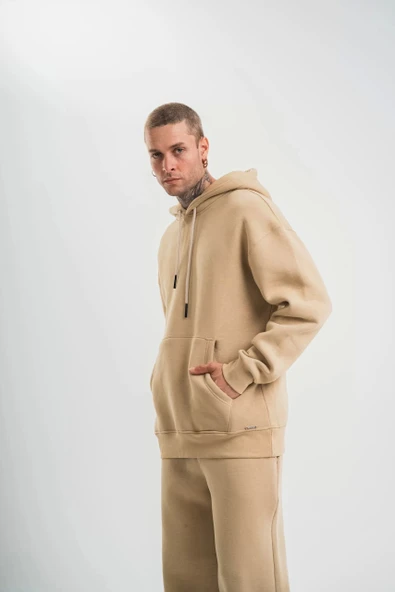 Unisex Double Oversize Kapşonlu Basic SweatShirt - Bej - Resim 5