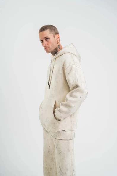 Unisex Double Oversize Kapşonlu Yıkamalı SweatShirt - Krem - Resim 2