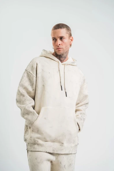 Unisex Double Oversize Kapşonlu Yıkamalı SweatShirt - Krem - Resim 5
