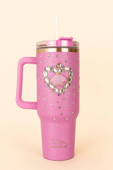 Pipetli 1,2 litre Kulplu Çelik Termos Renkli Üzeri Taş İşlemeli - 9