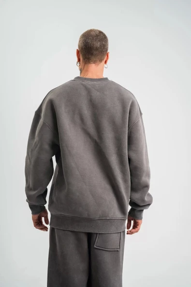 Unisex Uzun Kol Bisiklet Yaka Yıkamalı SweatShirt - Füme - Resim 7