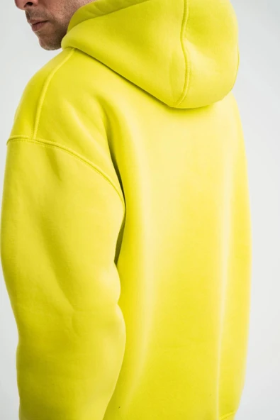Unisex Double Oversize Kapşonlu Basic SweatShirt - Sarı - Resim 6
