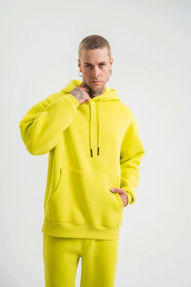 Unisex Double Oversize Kapşonlu Basic SweatShirt - Sarı - Resim 4
