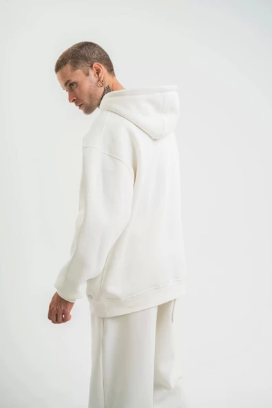 Unisex Double Oversize Kapşonlu Basic SweatShirt - Beyaz - Resim 4
