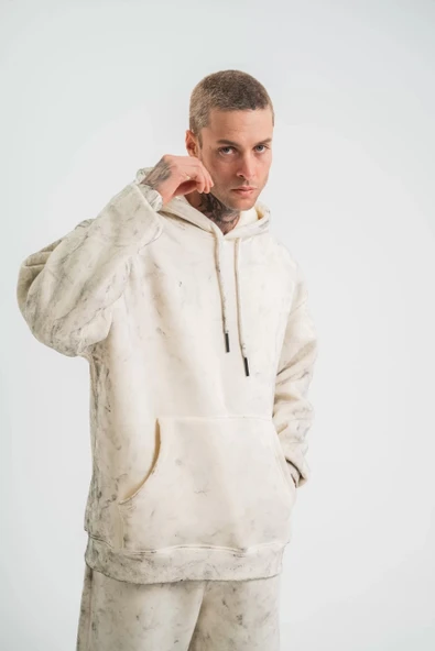 Unisex Double Oversize Kapşonlu Yıkamalı SweatShirt - Krem ürün görseli 1