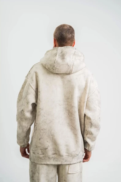 Unisex Double Oversize Kapşonlu Yıkamalı SweatShirt - Krem - Resim 6