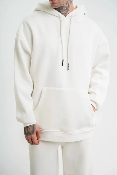 Unisex Double Oversize Kapşonlu Basic SweatShirt - Beyaz - Resim 5