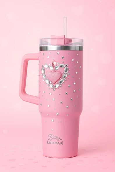 Pipetli 1,2 litre Kulplu Çelik Termos Renkli Üzeri Taş İşlemeli