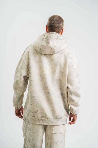 Unisex Double Oversize Kapşonlu Yıkamalı SweatShirt - Krem - Resim 7